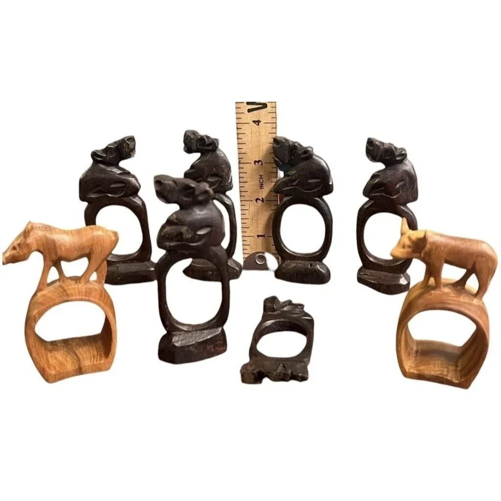 VTG Set of 8 Carved Wood African Safari Animal Wooden Napkin Ring Holder 3-4